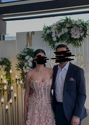 38 Beden Toz pembe İşlemeli Straplez Uzun Abiye