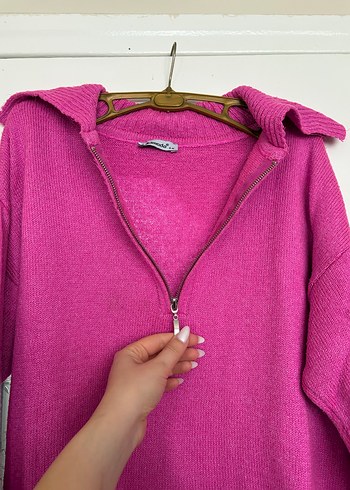 Pembe Yarım Fermuarlı Örgü Kadın Kazak - Görsel 4