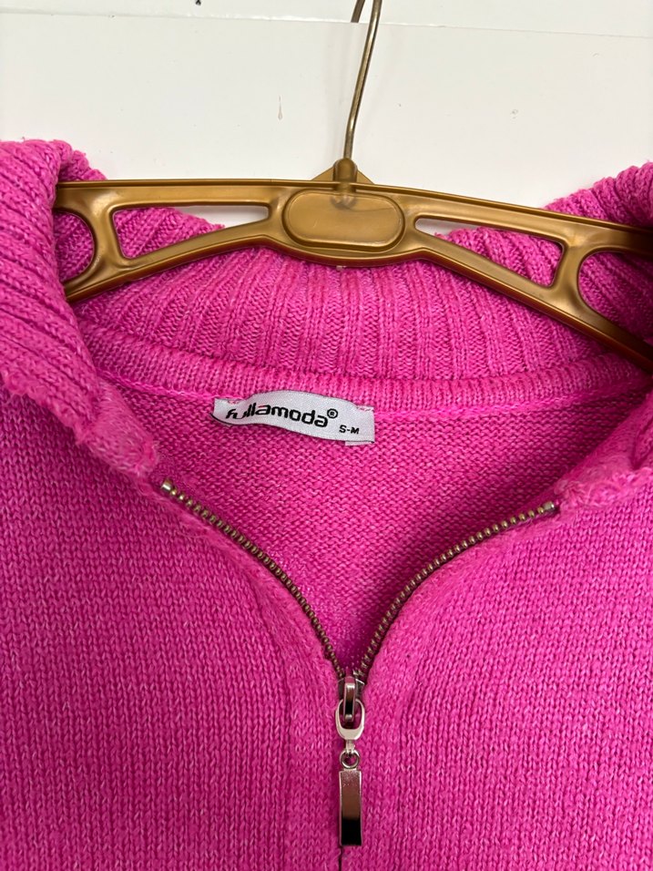 Pembe Yarım Fermuarlı Örgü Kadın Kazak - Görsel 3