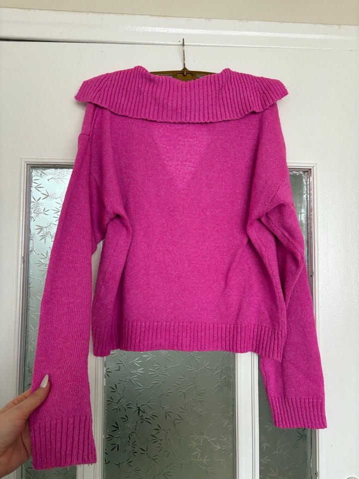 Pembe Yarım Fermuarlı Örgü Kadın Kazak - Görsel 5