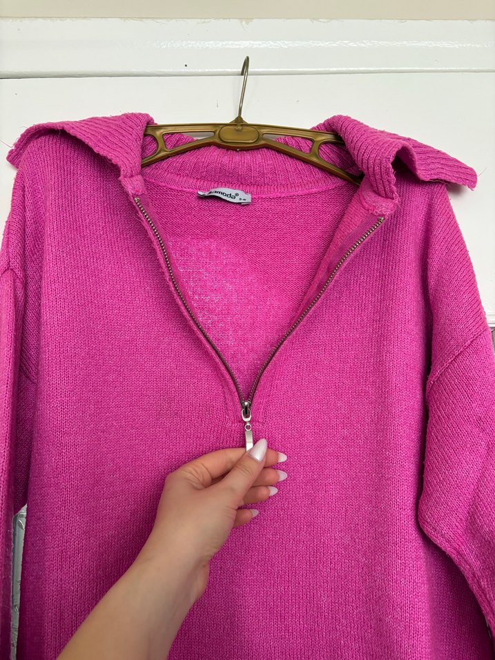 Pembe Yarım Fermuarlı Örgü Kadın Kazak - Görsel 4