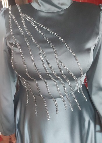 Turkuaz İşlemeli Uzun Abiye Elbise - Görsel 3