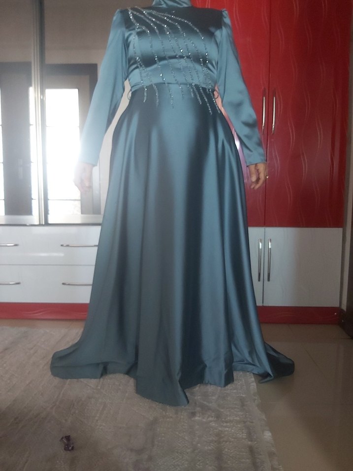 Turkuaz İşlemeli Uzun Abiye Elbise - Görsel 4