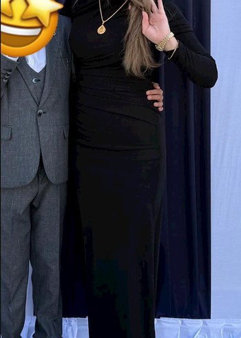 Uzun Siyah Dökümlü Keten Elbise - Görsel 2