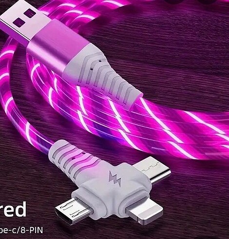 Beden #3FARKLI TELEFON ŞARJI tek KABLODA RENKLİ LED IŞIKLI USB girişl