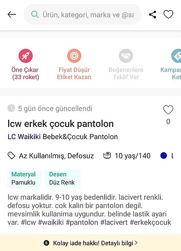 10 Yaş Beden lacivert Renk Lcw erkek çocuk pantolon