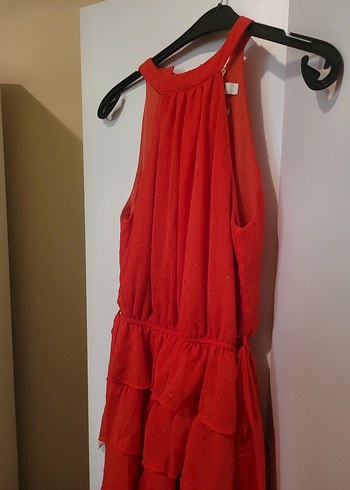 Kırmızı Mini Fırfırlı Bohem Abiye Elbise - Görsel 2