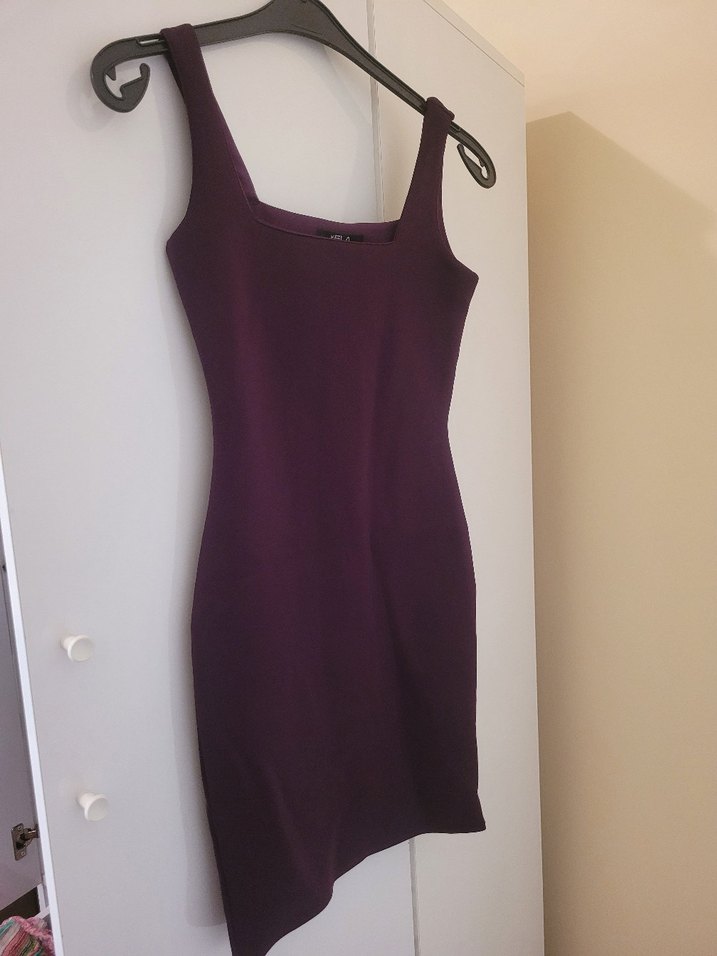 Mor V Yakalı Midi Kadın Elbise - Görsel 3