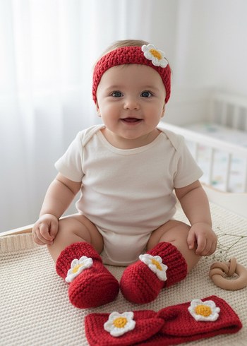 Nakışlı Kız Bebek Kırmızı Örgü Patik bandana - Görsel 2