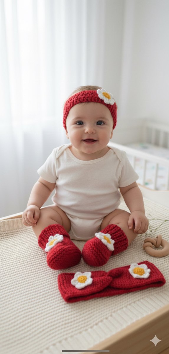 Nakışlı Kız Bebek Kırmızı Örgü Patik bandana - Görsel 2