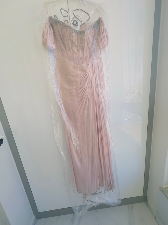 Pudra Drapeli Straplez Uzun Abiye Elbise - Görsel 2