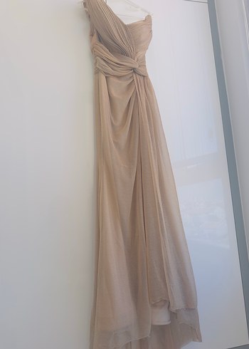 Bej Drapeli Uzun Abiye Elbise - Görsel 5