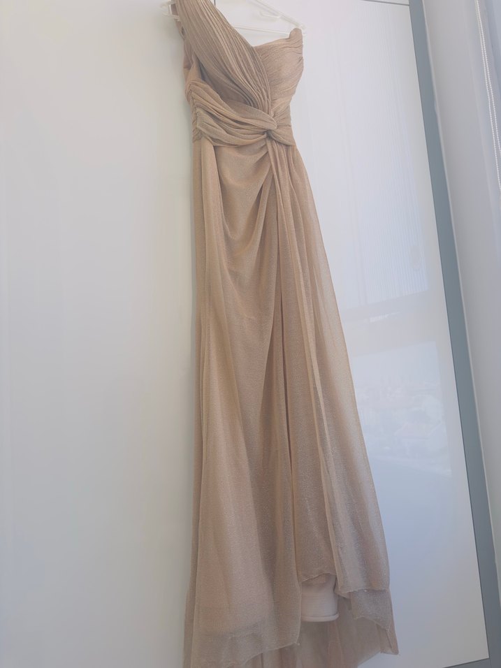 Bej Drapeli Uzun Abiye Elbise - Görsel 5