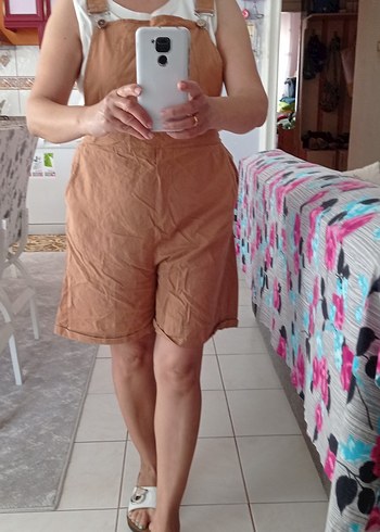 Kahverengi Keten Kadın Midi Salopet - Görsel 11