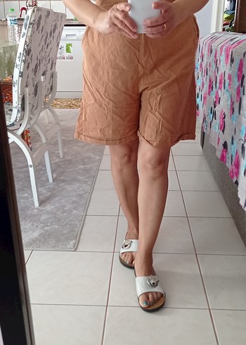 Kahverengi Keten Kadın Midi Salopet - Görsel 12