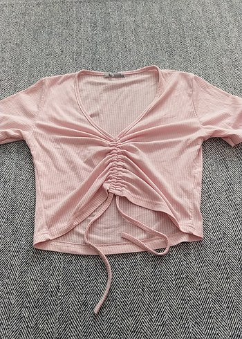 Pembe V Yaka Kısa Kollu Büzgülü Kız Tişörtü - Görsel 2