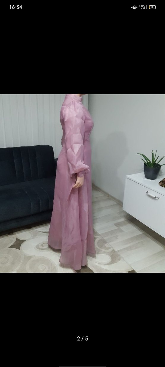 Pembe Uzun Kollu Vintage Kadın Elbise - Görsel 2