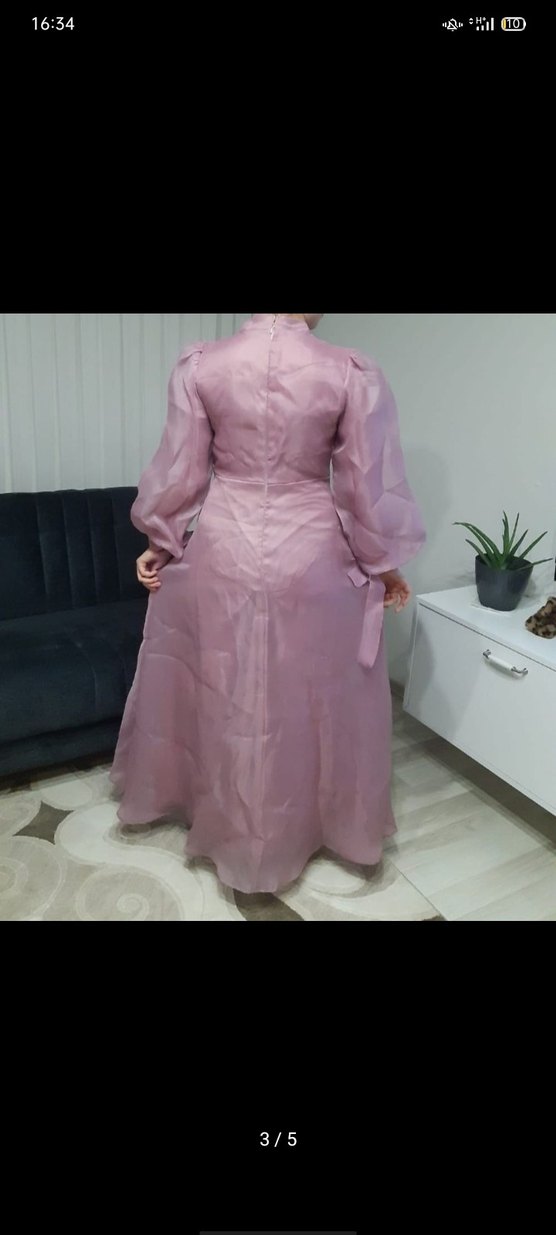 Pembe Uzun Kollu Vintage Kadın Elbise - Görsel 3