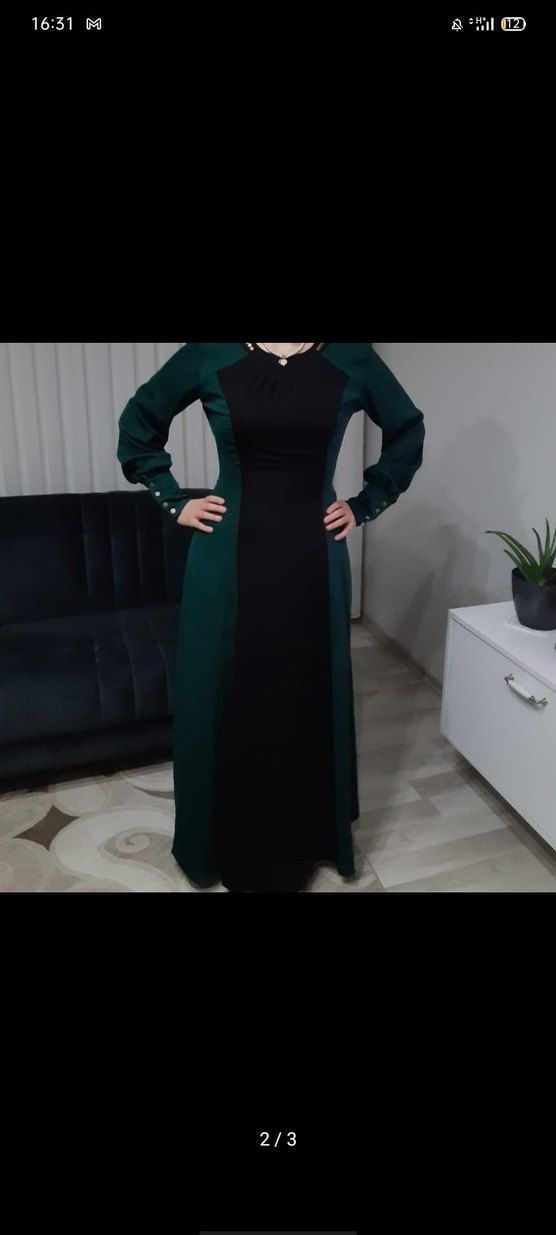 Uzun Kollu, Drapeli Yeşil Gotik Elbise - Görsel 2