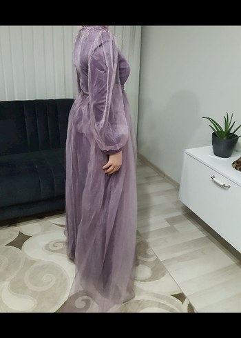 Uzun Kollu Mor Drapeli Uzun Abiye Elbise - Görsel 2