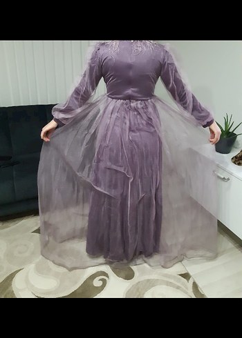 Uzun Kollu Mor Drapeli Uzun Abiye Elbise - Görsel 3