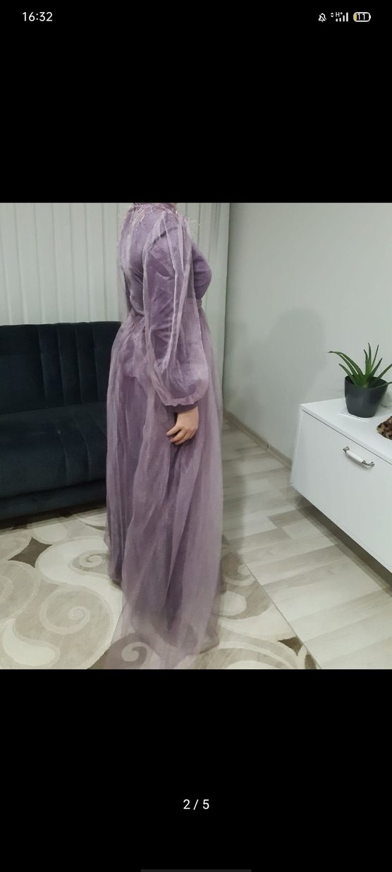 Uzun Kollu Mor Drapeli Uzun Abiye Elbise - Görsel 2