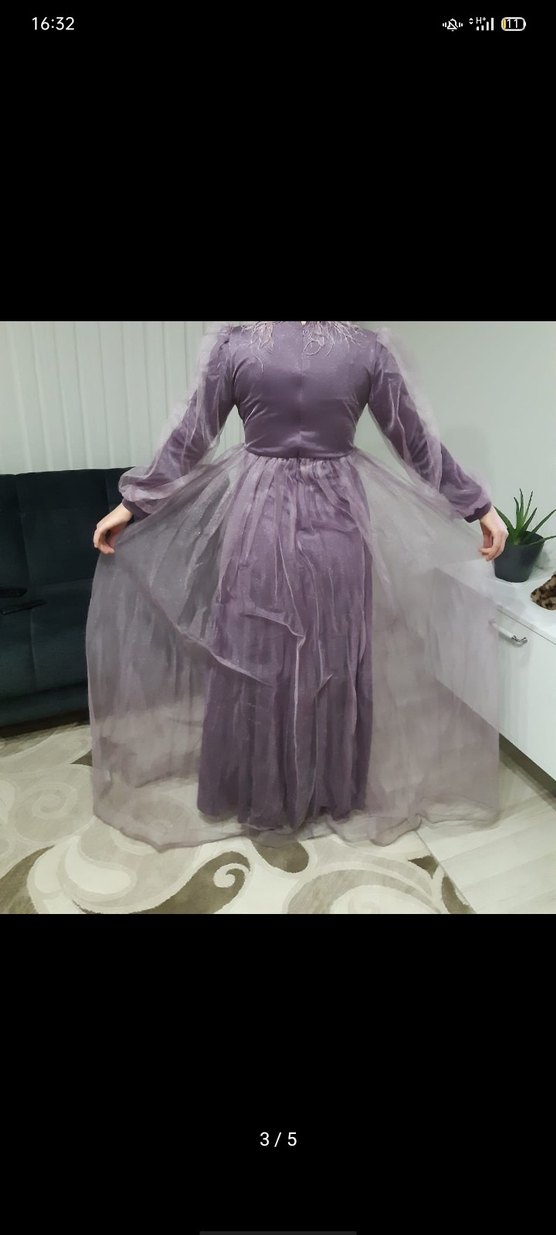 Uzun Kollu Mor Drapeli Uzun Abiye Elbise - Görsel 3