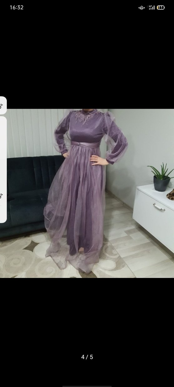 Uzun Kollu Mor Drapeli Uzun Abiye Elbise - Görsel 4