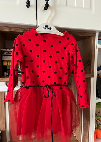 Kırmızı Puantiyeli Uzun Kollu Kız Elbisesi - Görsel 2
