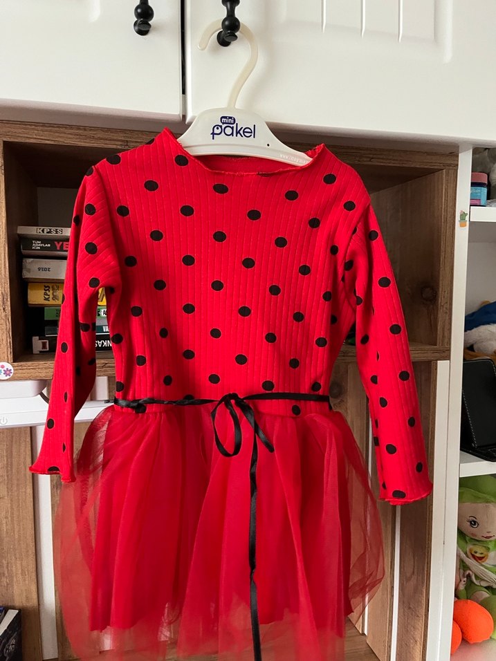 Kırmızı Puantiyeli Uzun Kollu Kız Elbisesi - Görsel 2