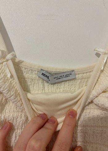 Krem bershka kurdeleli elbise - Görsel 2