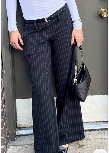 İspanyol paça  Çizgili Kadın Kumaş Pantolon - Görsel 9