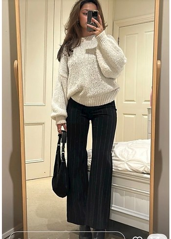 İspanyol paça  Çizgili Kadın Kumaş Pantolon - Görsel 8