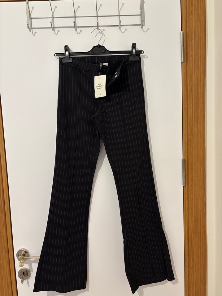 İspanyol paça  Çizgili Kadın Kumaş Pantolon - Görsel 4