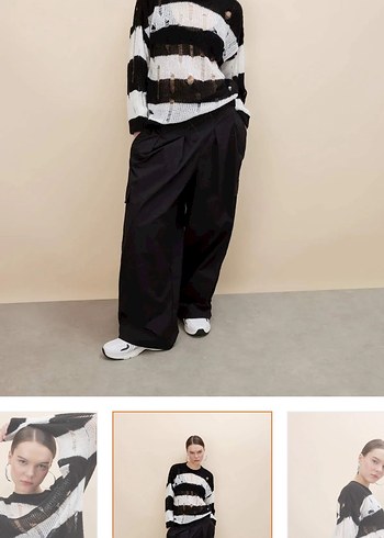 Siyah Beyaz Çizgili Örgü Salaş Kazak - Görsel 2