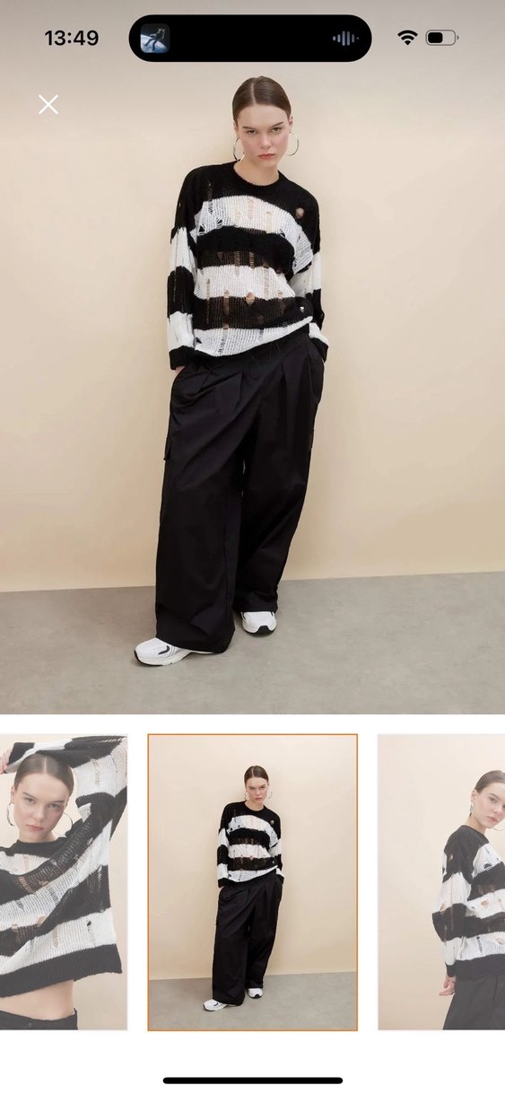 Siyah Beyaz Çizgili Örgü Salaş Kazak - Görsel 2