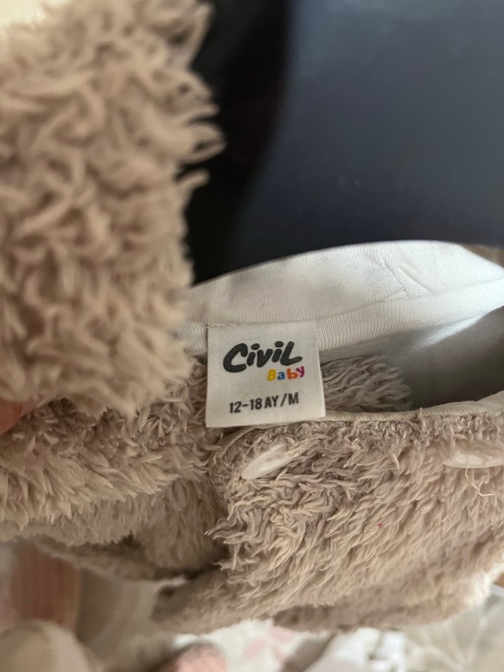 Kapüşonlu Bej Peluş Çocuk Ceket - Görsel 4