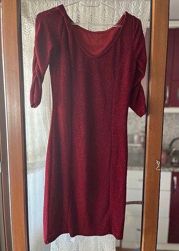 Bordo V Yaka Drapeli Midi Elbise