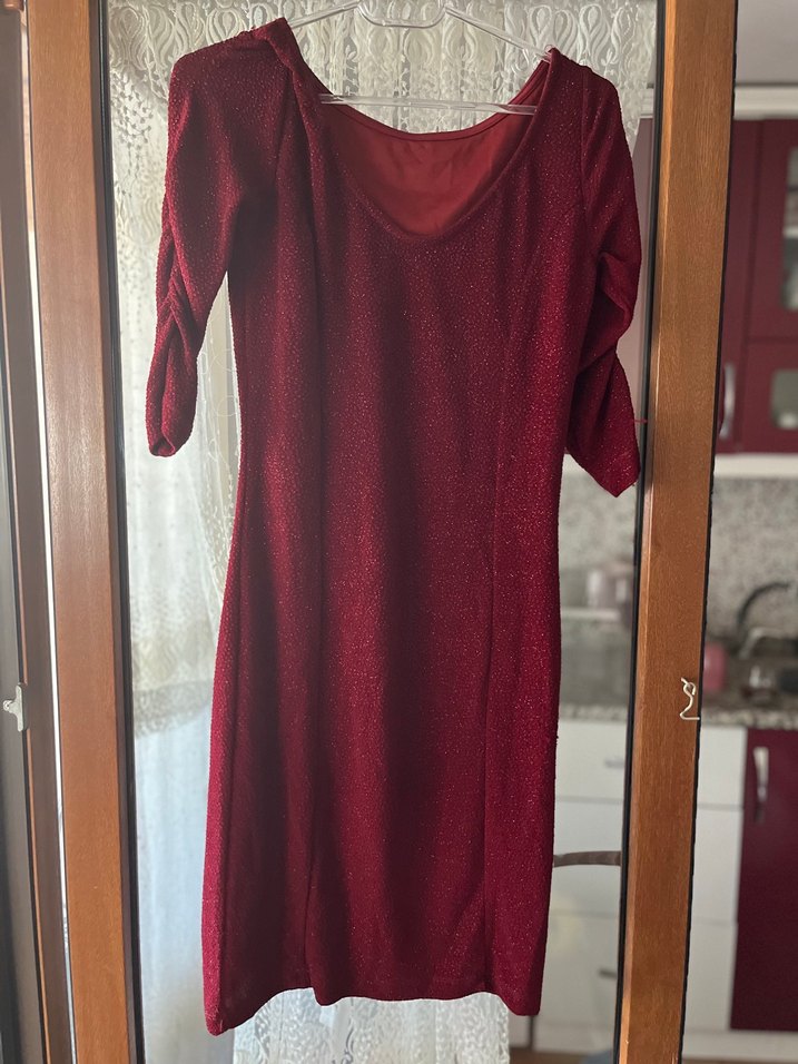 Bordo V Yaka Drapeli Midi Elbise - Görsel 2