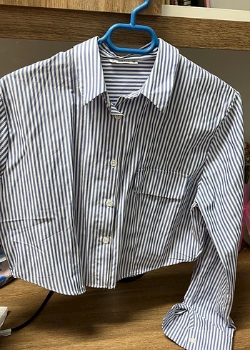 Gri Çizgili Düğmeli Kadın Gömlek - Görsel 2