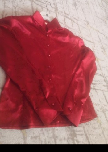 44 Beden bordo Renk Bordo Düğmeli Uzun Kollu Kadın Saten Gömlek
