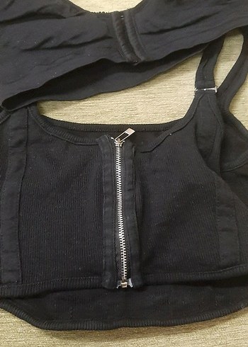 Fermuarlı Citcitli Siyah crop ve sütyen - Görsel 3