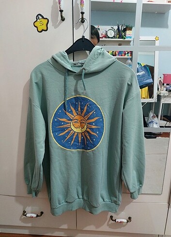 Açık su yeşili ay ve güneş baskılı sweatshirt sorunsuz yeniden f