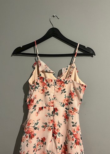 Pembe Çiçek Desenli Uzun Askılı Elbise - Görsel 3