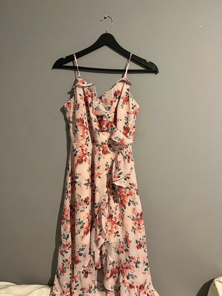 Pembe Çiçek Desenli Uzun Askılı Elbise - Görsel 2