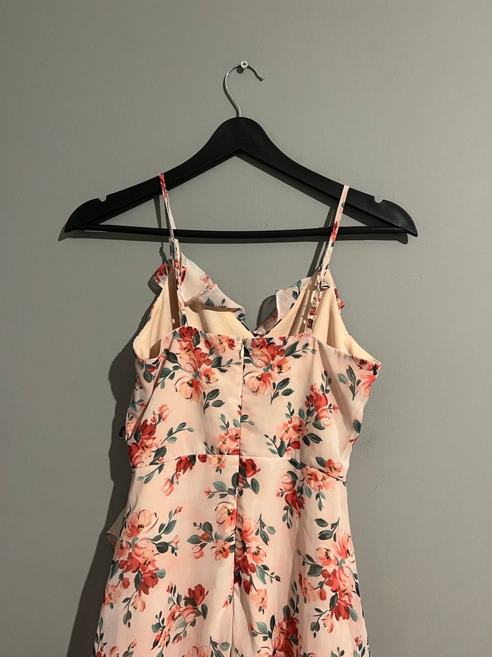 Pembe Çiçek Desenli Uzun Askılı Elbise - Görsel 3