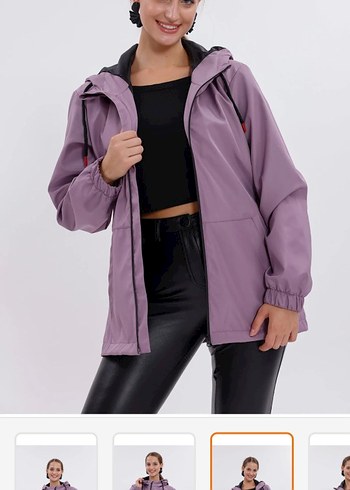 Mor Parlak Kapüşonlu Kadın yağmurluk - Görsel 3