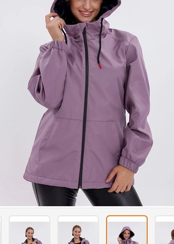 Mor Parlak Kapüşonlu Kadın yağmurluk - Görsel 5