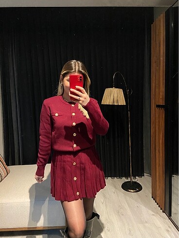 Zara Bordo Gold düğme detaylı triko takım