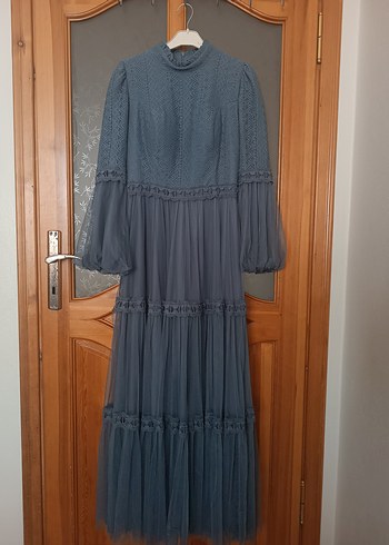 Uzun Kollu mavi Bohem Nakışlı Elbise